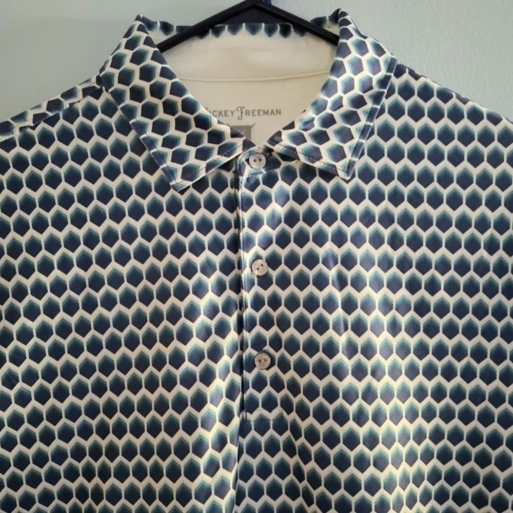 Hickey Freeman Golf Polo Shirt Print Size M Heometric Beehive Cube Print